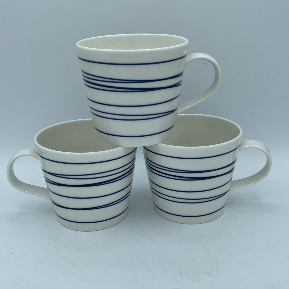 Royal Doulton London Pacific Mug White Blue Stripes Lines 14oz Cup Set Of 3